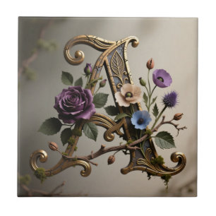Antique Floral Gold Letter A Monogram Tile