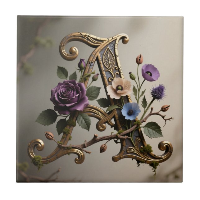 Antique Floral Gold Letter A Monogram Tile (Front)