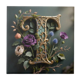 Antique Floral Gold Letter T Monogram Tile