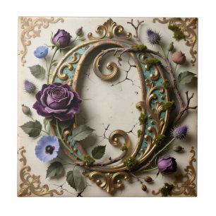 Antique Floral Gold Patina Letter O Tile