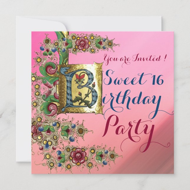 ANTIQUE FLORAL GOLD PINK SWEET 16  BIRTHDAY PARTY INVITATION (Front)