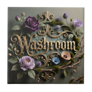 Antique Floral Gold Washroom Word Sign Tile