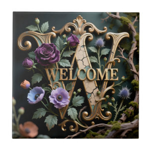 Antique Floral Gold Welcome Letter W Tile