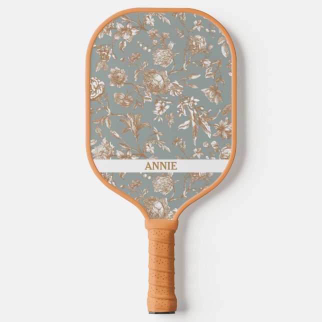Antique Floral Grey Blue Toile Pickleball Paddle (Front)