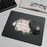 Antique Floral Logo | Blush & Charcoal Mouse Pad<br><div class="desc">Elegant floral logo mousepad design features your name and/or business name framed by a border of lush watercolor flowers in blush pink,  sage green,  peach and cream,  on a contrasting deep brushed charcoal off-black background.</div>