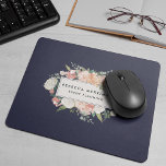 Antique Floral Logo | Blush & Navy Mouse Pad<br><div class="desc">Elegant floral logo mousepad design features your name and/or business name framed by a border of lush watercolor flowers in blush pink,  sage green,  peach and cream,  on a contrasting deep midnight navy blue background.</div>