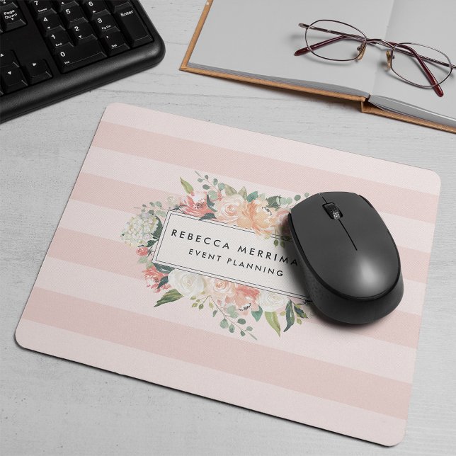 Antique Floral Logo | Blush Pink Stripe Mouse Pad (Creator Uploaded)
