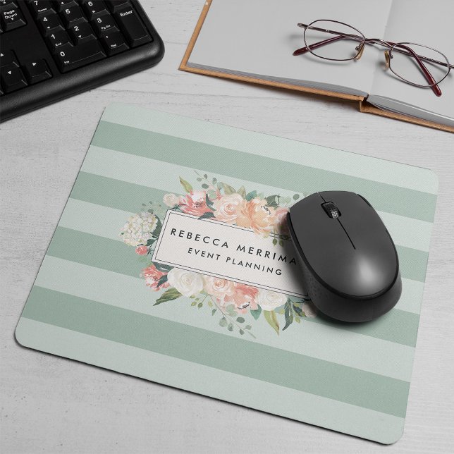 Antique Floral Logo | Sage Stripe Mouse Pad (Creator Uploaded)