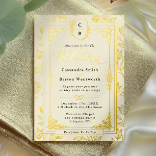 Antique Floral Monogram Crest Gold Frame Wedding