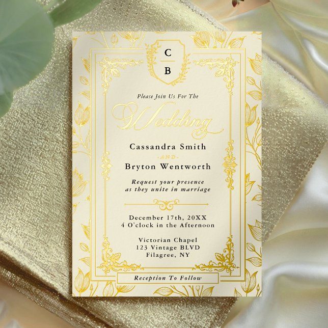Antique Floral Monogram Crest Gold Frame Wedding (Antique Floral Monogram Crest Gold Frame Wedding Foil Invitation)