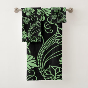 Antique Floral Pattern Black and Green Bath Towel Set