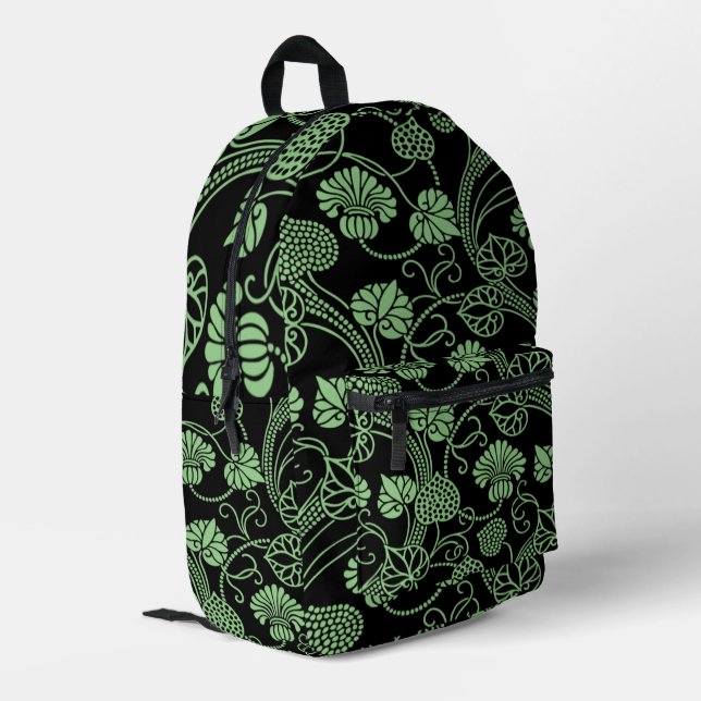 Antique Floral Pattern Black and Green Printed Backpack (Back Corner Left)