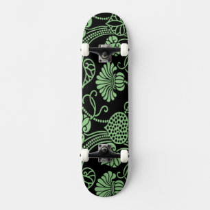 Antique Floral Pattern Black and Green Skateboard