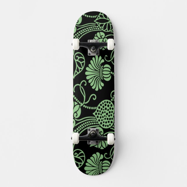 Antique Floral Pattern Black and Green Skateboard (Front)
