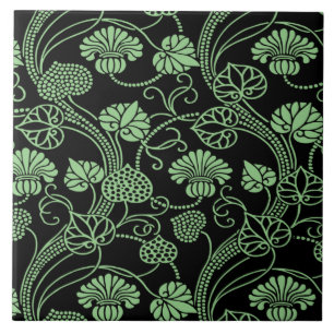 Antique Floral Pattern Black and Green Tile