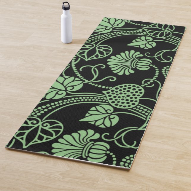 Antique Floral Pattern Black and Green Yoga Mat (In Situ)