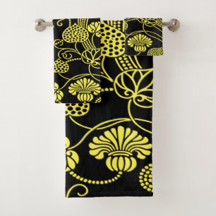 Antique Floral Pattern Black and Yellow Bath Towel Set