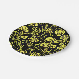 Antique Floral Pattern Black and Yellow Paper Plate