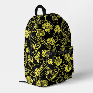 Antique Floral Pattern Black and Yellow Printed Backpack