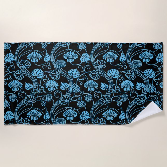 Antique Floral Pattern Black on Blue Beach Towel (Front)