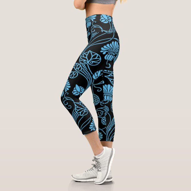 Antique Floral Pattern Black on Blue Capri Leggings (Left)