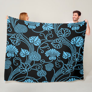 Antique Floral Pattern Black on Blue Fleece Blanke Blanket
