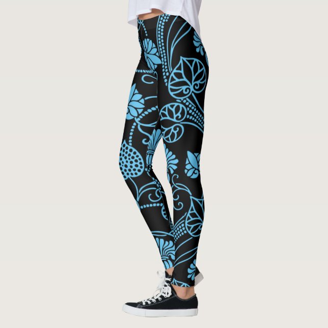 Antique Floral Pattern Black on Blue Leggings (Left)