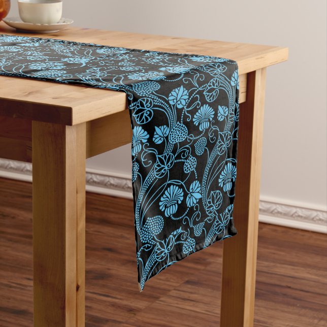 Antique Floral Pattern Black on Blue Long Table Runner (In Situ)