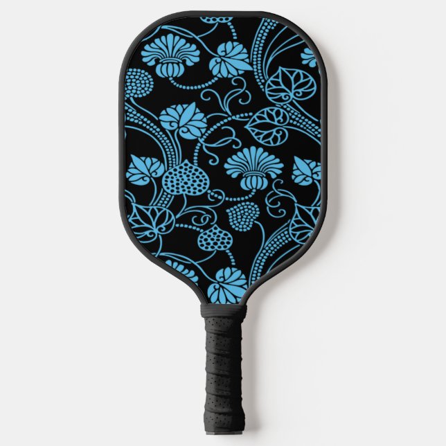 Antique Floral Pattern Black on Blue Pickleball Paddle (Front)