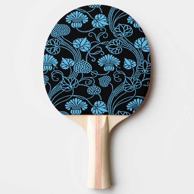 Antique Floral Pattern Black on Blue Ping Pong Paddle (Front)