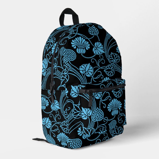 Antique Floral Pattern Black on Blue Printed Backpack (Back Corner Left)