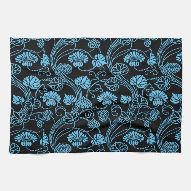 Antique Floral Pattern Black on Blue Tea Towel (Horizontal)