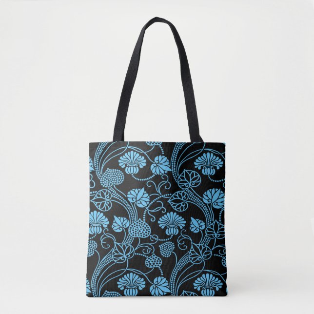 Antique Floral Pattern Black on Blue Tote Bag (Front)