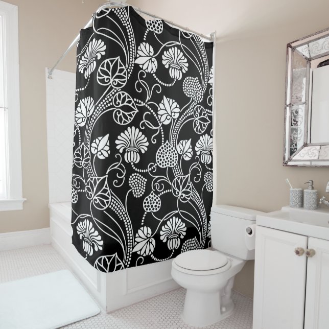 Antique Floral Pattern Black on White Shower Curtain (In Situ)