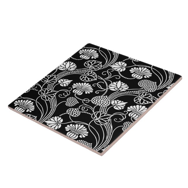 Antique Floral Pattern Black on White Tile (Side)