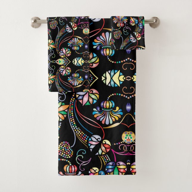 Antique Floral Pattern Multi Colour on Black  Bath Towel Set (Insitu)