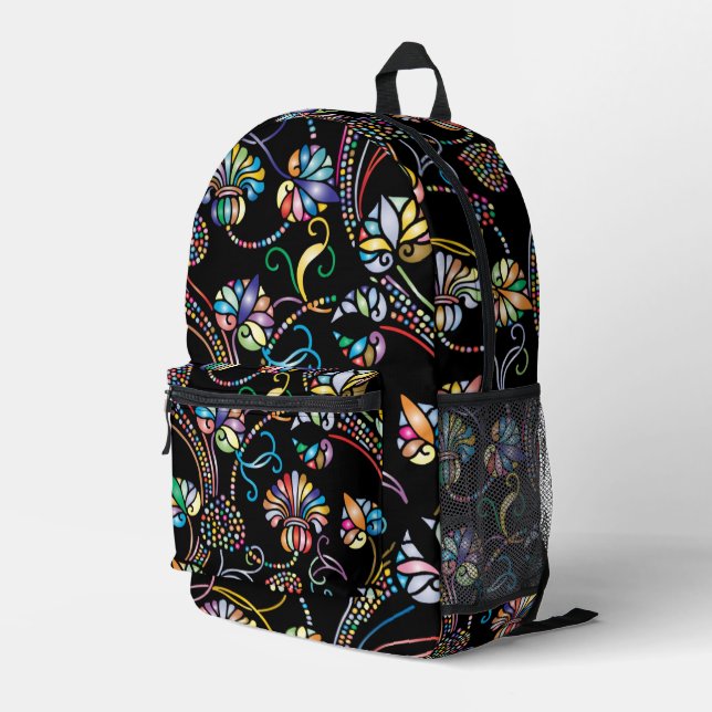 Antique Floral Pattern Multi Colour on Black  Printed Backpack (Back Corner Right)
