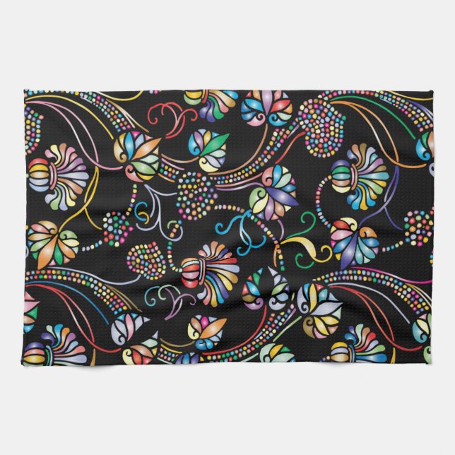 Antique Floral Pattern Multi Colour on Black Tea Towel (Horizontal)