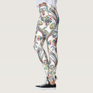 Antique Floral Pattern Multi Colour on White Leggings
