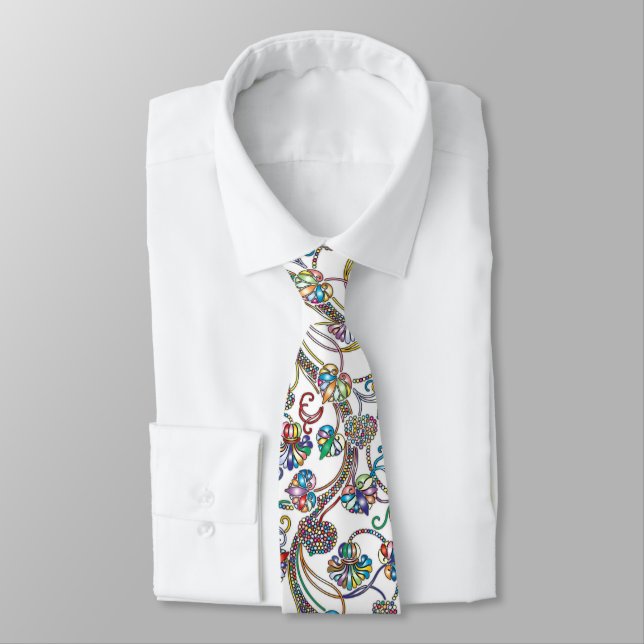 Antique Floral Pattern Multi Colour on White Tie (Tied)
