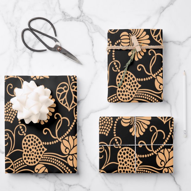 Antique Floral Pattern Orange on Black Wrapping Paper Sheet (Front)