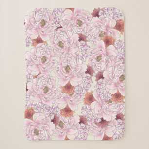 Antique floral pink coral cream hand drawn flowers sherpa blanket
