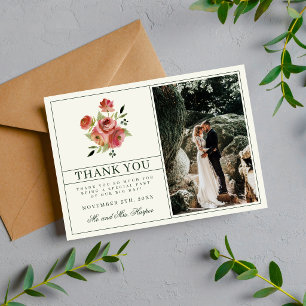Antique Floral Pink Evergreen Bouquet Wedding Thank You Card