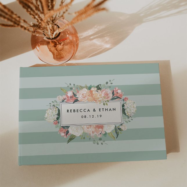 Antique Floral | Sage Green Stripe Wedding Guest Book (Creator Uploaded)