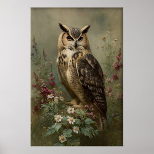 Antique Flower Owl Print, Moody Bird Botanical Cot Poster