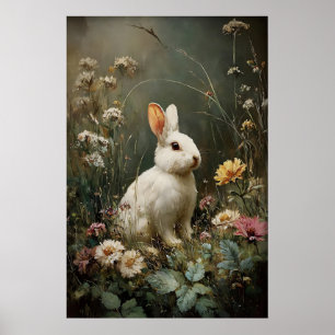 Antique Flower Rabbit Print, Bunny Farmhouse Poster