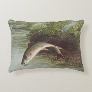 Antique Fly Fishing Leaping Brook Trout Print Decorative Cushion