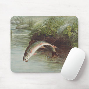 Antique Fly Fishing Leaping Brook Trout Print Mouse Pad