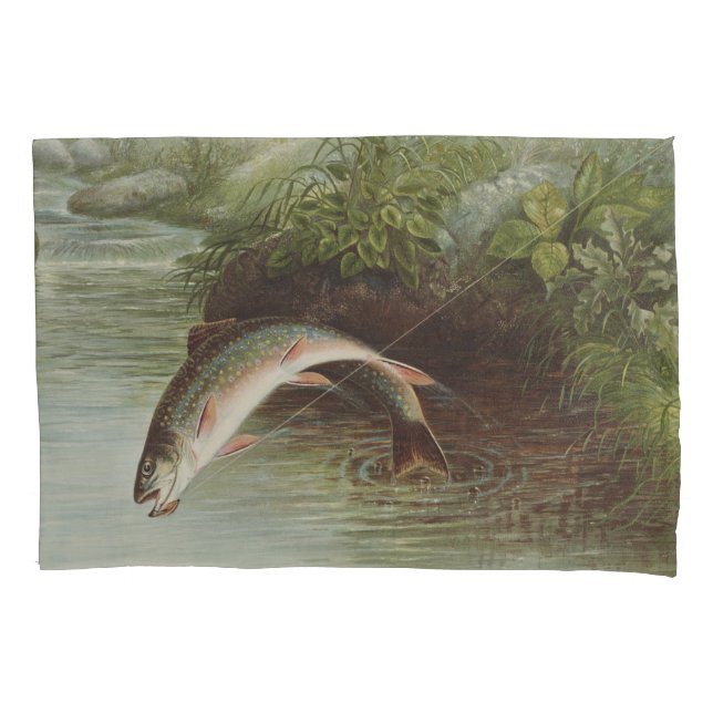 Antique Fly Fishing Leaping Brook Trout Print Pillowcase (Front)