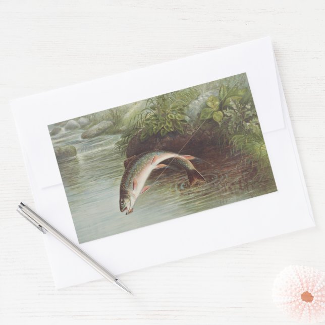 Antique Fly Fishing Leaping Brook Trout Print Rectangular Sticker (Envelope)